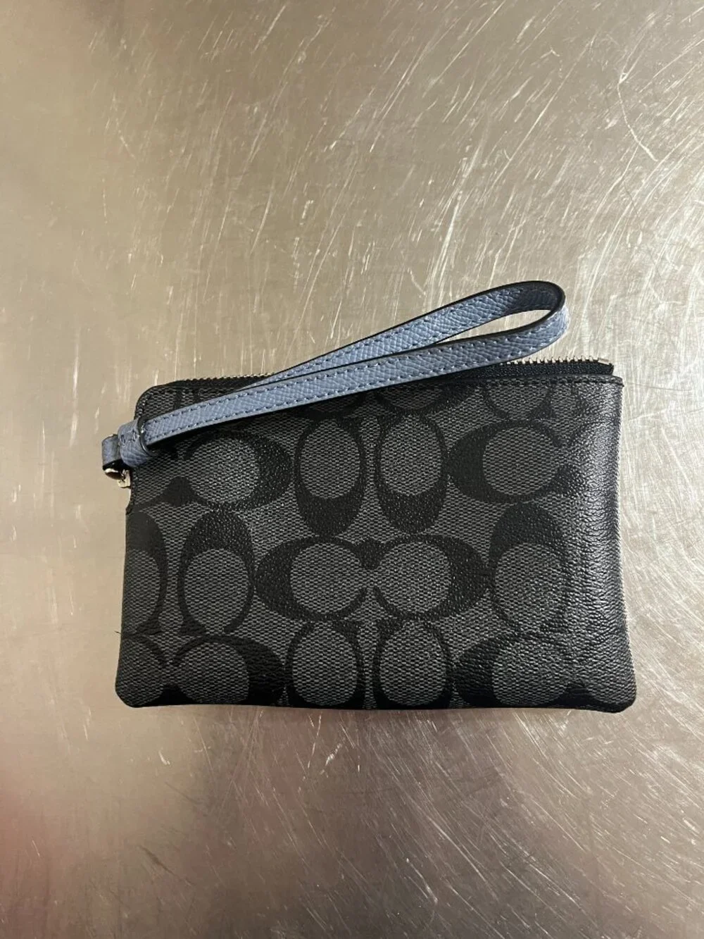 COACH Navy Metallic Wristlet with Black Signature Logo Wallet Pouch Clutch